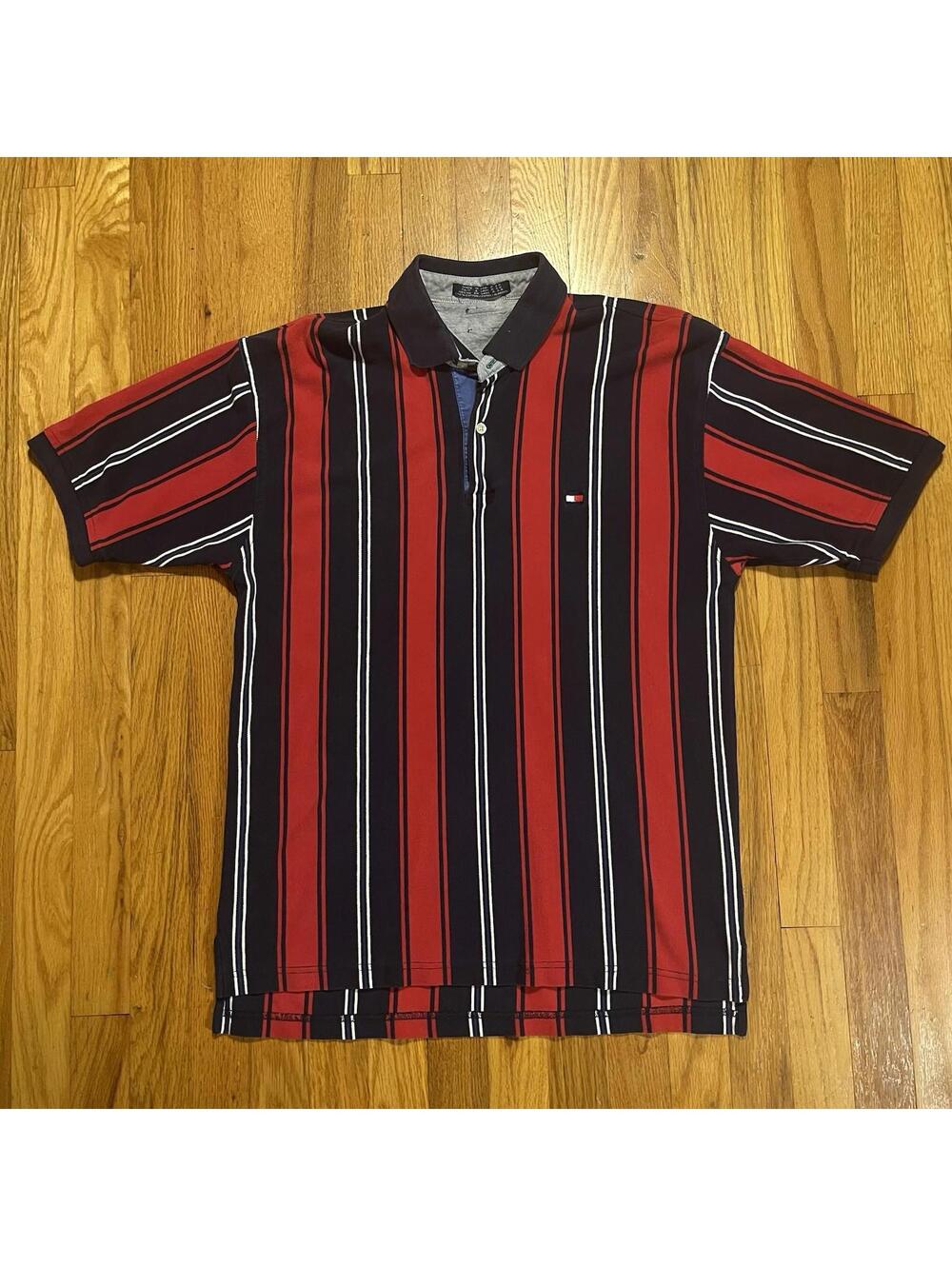 Vintage Tommy Hilfiger Polo Shirt Striped Rugby 90s 100% Cotton Knit Men’s Large